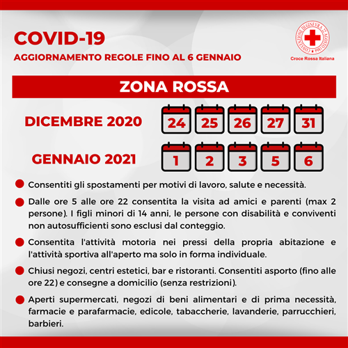 Aggiornamento delle regole per il contenimento del Covid19 dal 24 Dicembre 2020 al 6 Gennaio 2021.