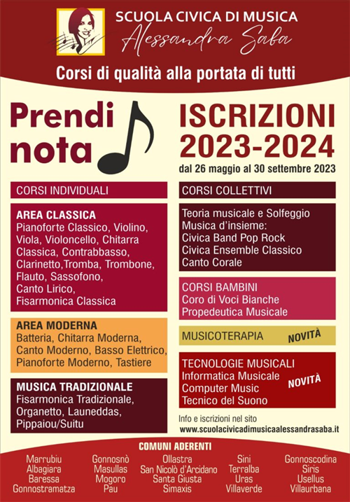 Scuola civica di musica A.Saba: Avviso apertura iscrizioni a.s. 2023/2024
